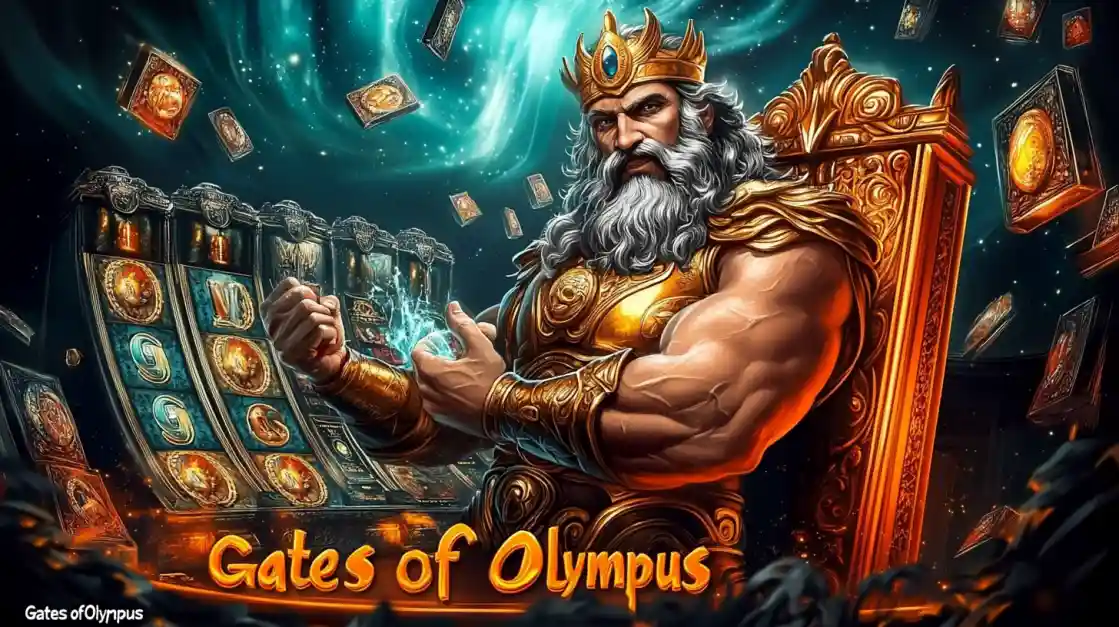 A majestic Zeus figure on a golden throne, surrounded by floating cards and a 7u777 slot machine, with Gates of Olympus prominently displayed, inviting players to a mythical gaming experience.