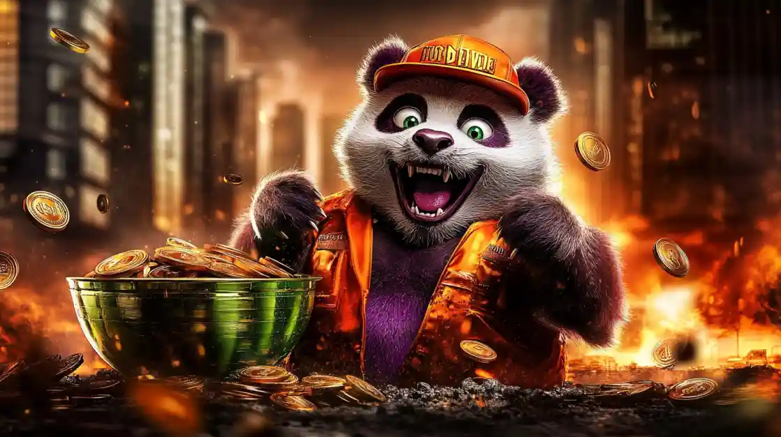 A cheerful panda character surrounded by golden coins, symbolizing wealth and good fortune with 7u777.