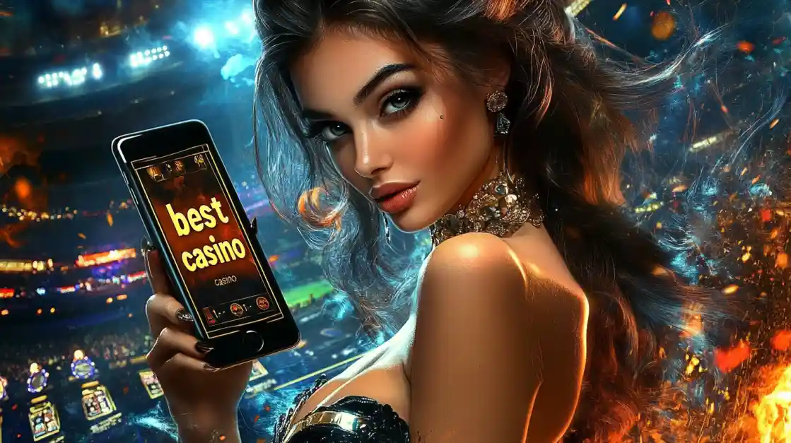 A woman holding a phone showcasing the 7u777 casino app in a vibrant stadium-like setting.
