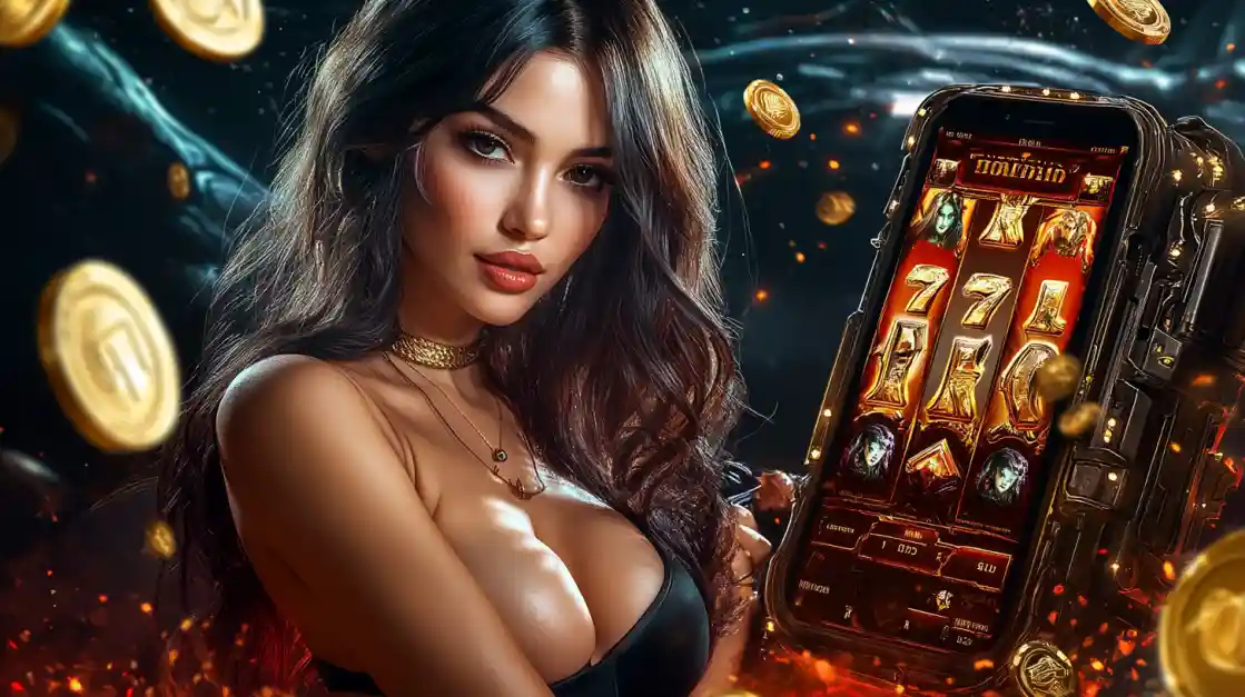 A confident woman holds a smartphone displaying a 7u777 mobile slot game with 777 symbols and golden coins.